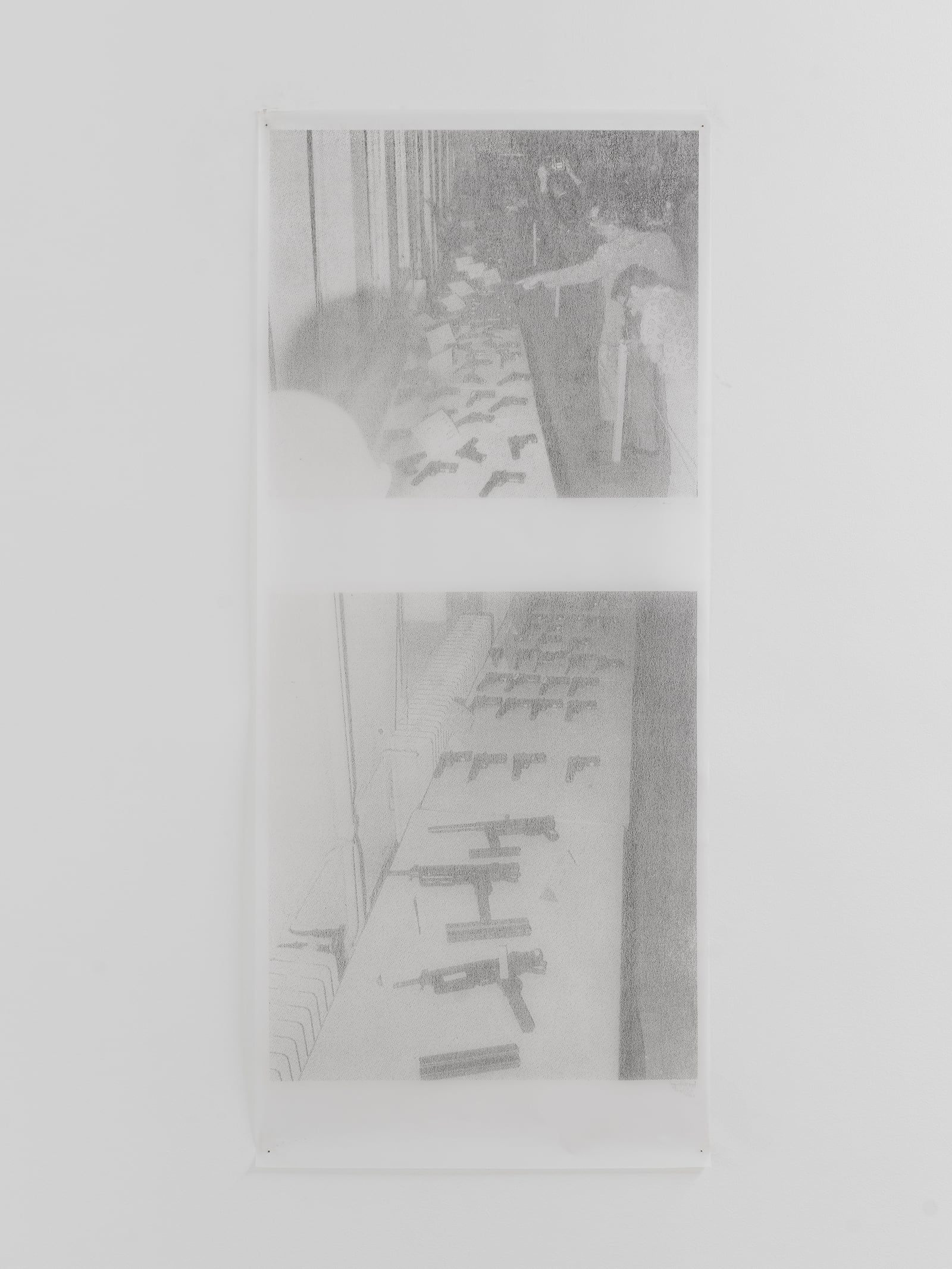 Andrei Beliaev, Exhibition view (display of firearms seized by security forces from anarchist groups during 1971-1973 martial law in Turkey), 2023, Reprint on tracing paper, 55 × 125 cm