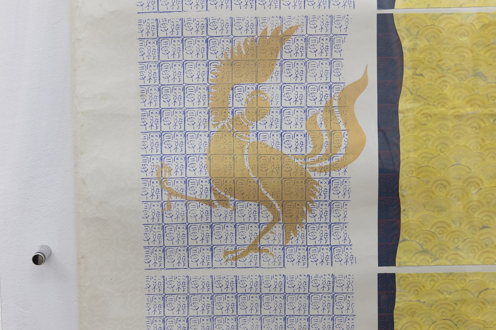 Roman Minaev, DREAMER I (detail), 1999, chinese scroll, collage, name seal, stencil, watercolor, 260 x 84 cm