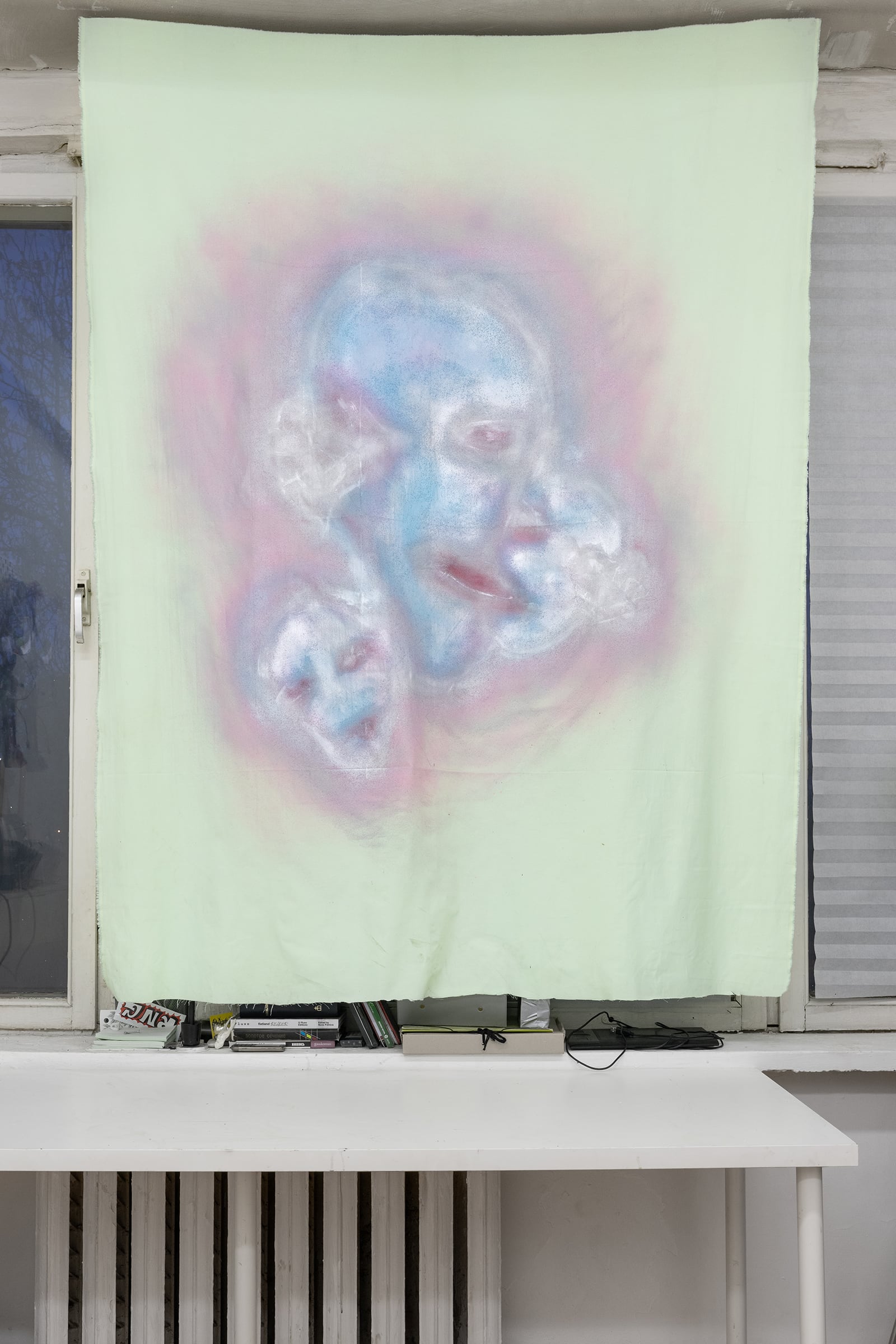 Olga Paramonova, alice, alice and alice in green, 2022, acrylic and spray can on fabric, 150 x 210 cm