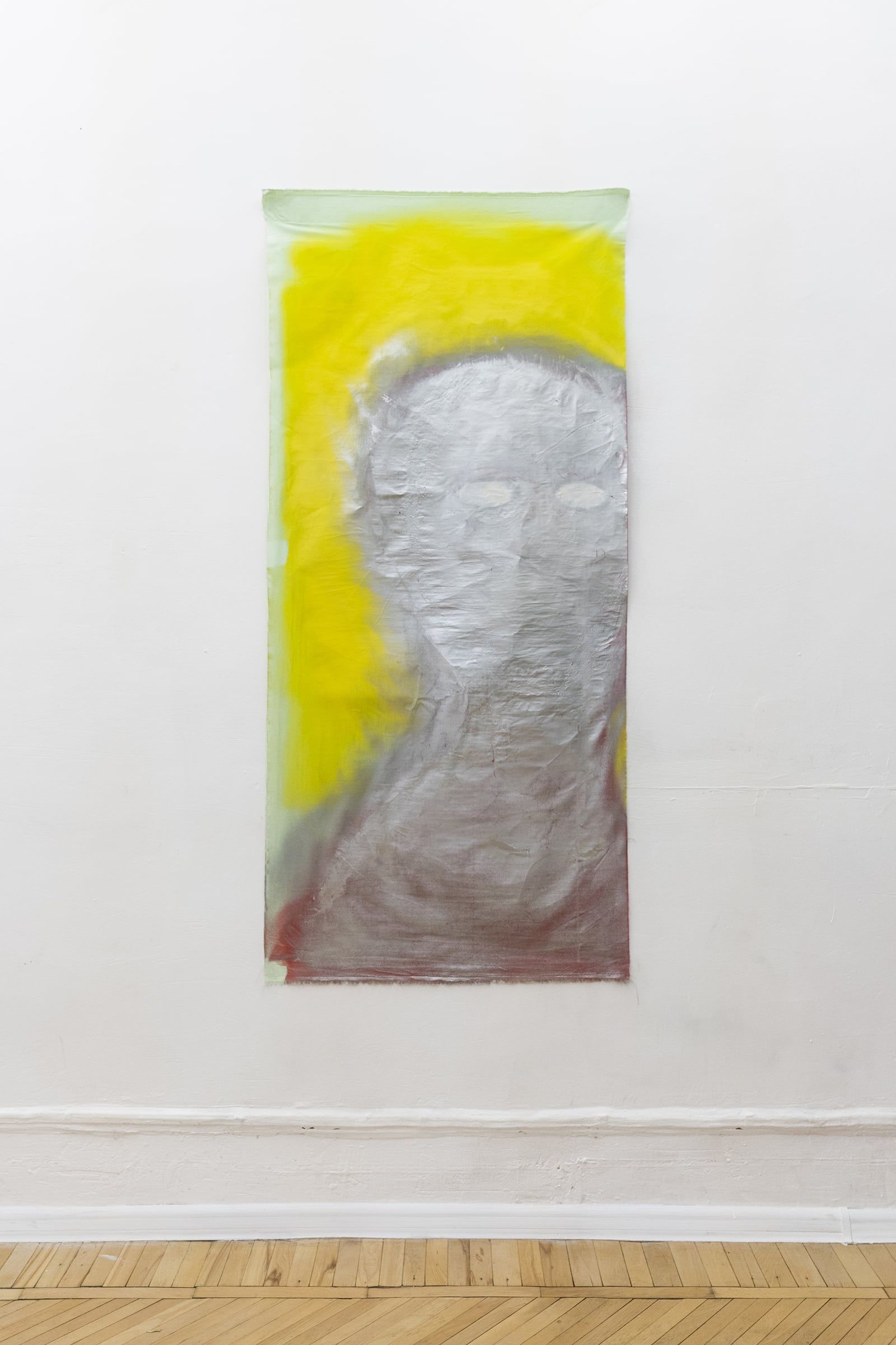 Olga Paramonova, alice in yellow and green, 2021, acrylic and spray can on fabric, 78 x 158 cm